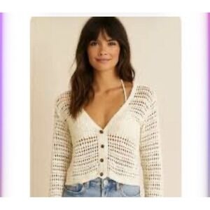Rebellion Women Crochet Cropped Cardigan Size Medium Long Sleeves White Loose